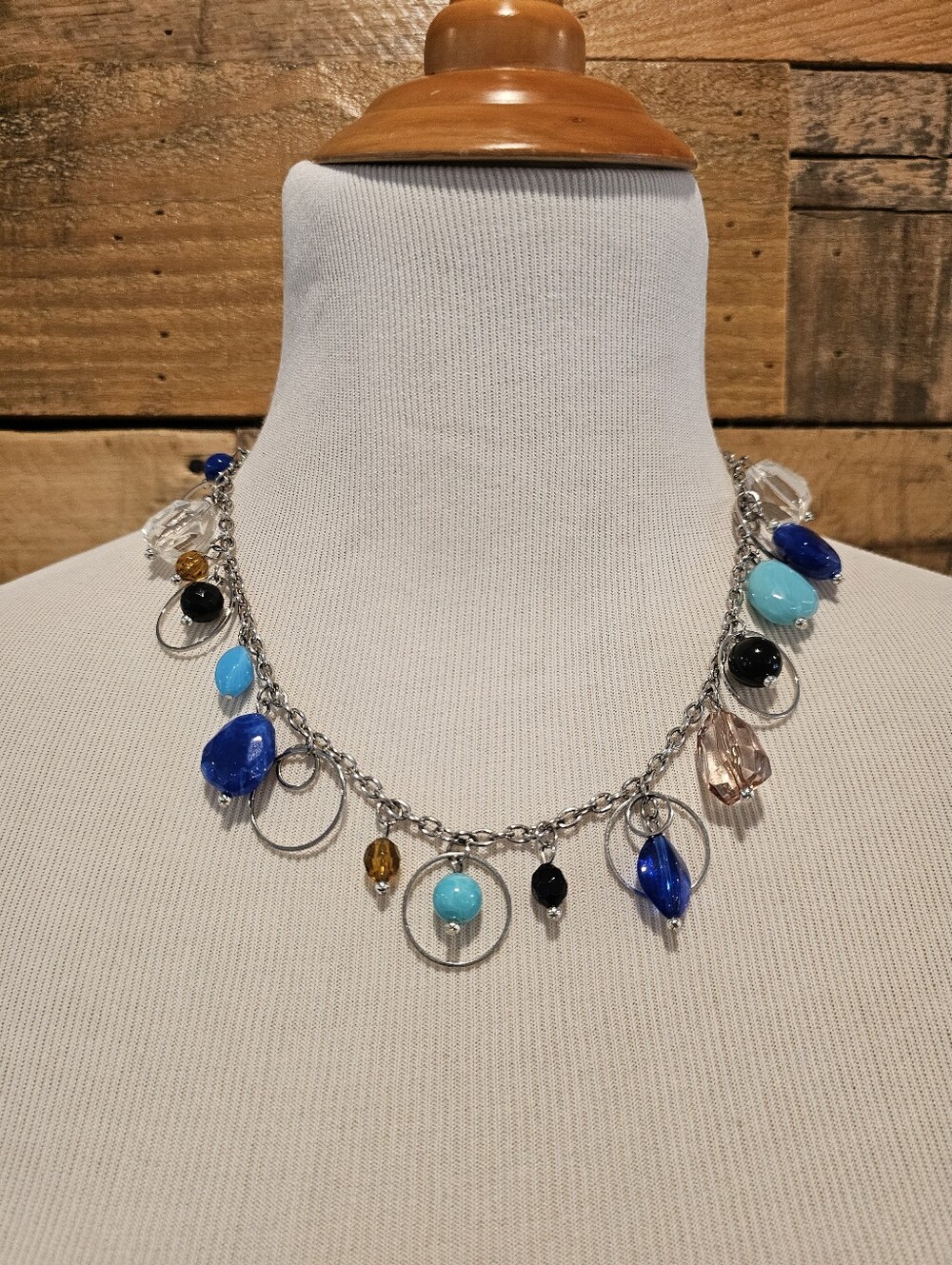 Silvertone Multi-Bead Charm Necklace with Blue and Turquoise Accents